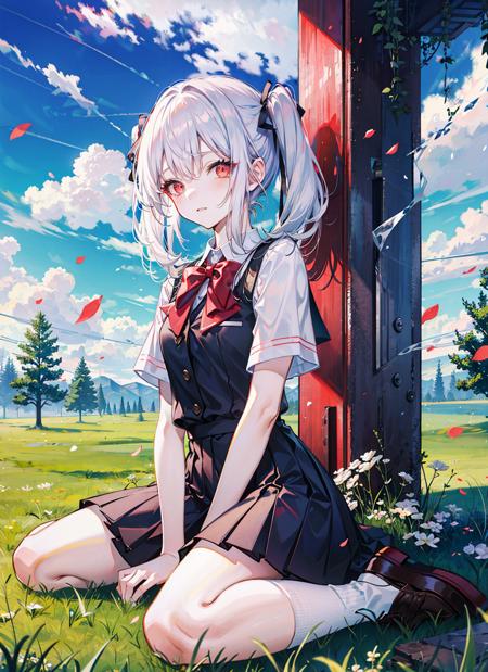 00225-2198934414-white hair, red eyes,school uniform, cloudy sky, full body, grass,looking at viewer, wariza, twintails,front,silver hair, sit,.png